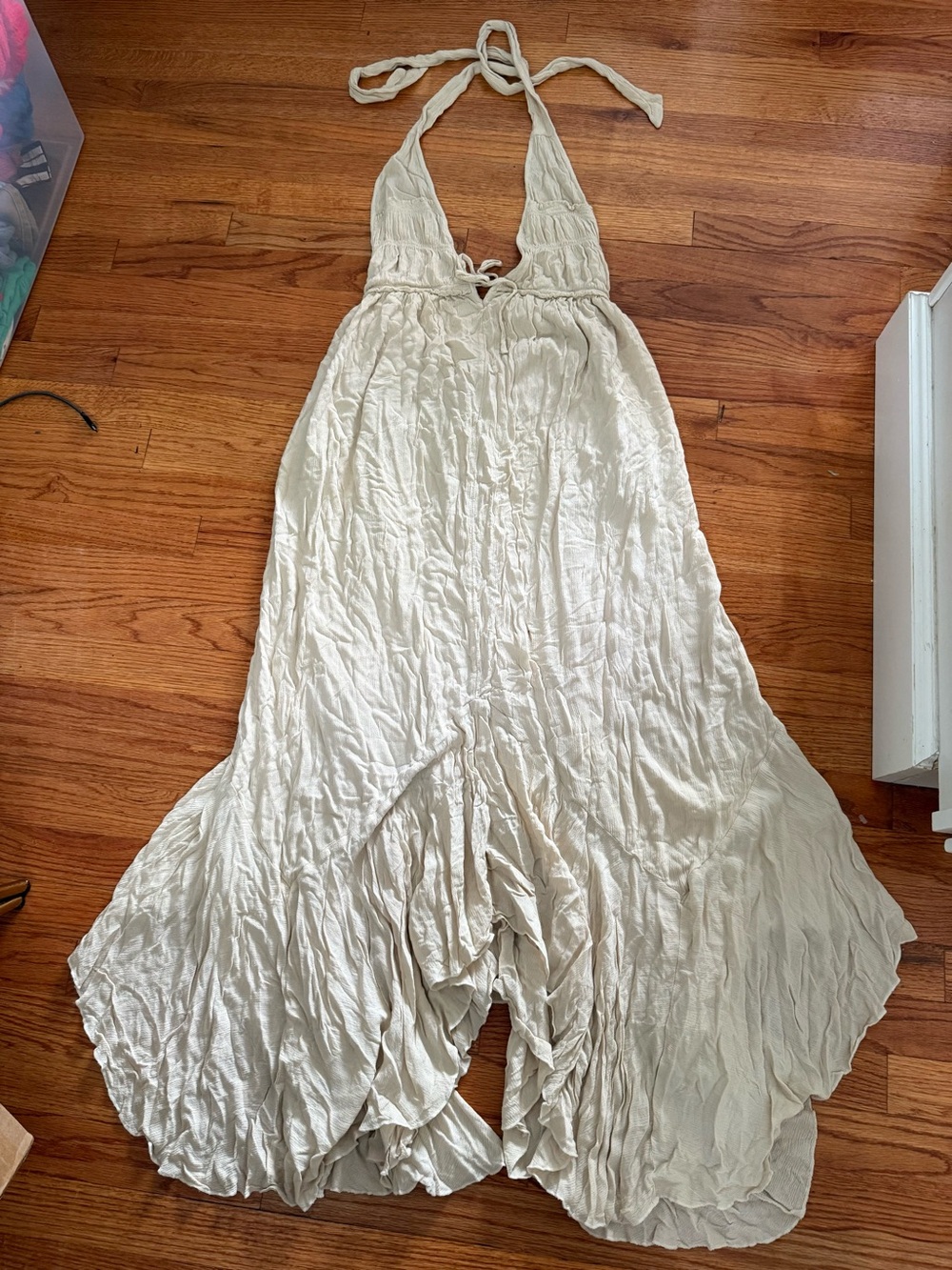 Free People Maxi Dress Ivory Small Cotton Ruffle Tie Sleeveless Bohemian Summer